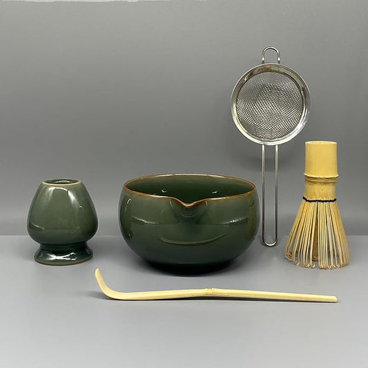 Matcha Whisk Set – 5 Pcs Matcha Set Whisk and Bowl with Spout, Bamboo Scoop, Sifter & Holder – Ru Kiln Matcha Bowl Japanese Tea Kit for Gifts, Home Use & Ceremonial Rituals (green)