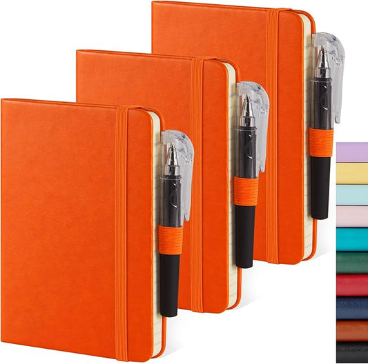 Small Journal Notebook, 3 Pack Mini Pocket Notepads with Pen for Work Writing, Small Leather Note Book Note Pad with 100GSM Premium Paper, No Bleed, 3.7" x 5.7", Orange