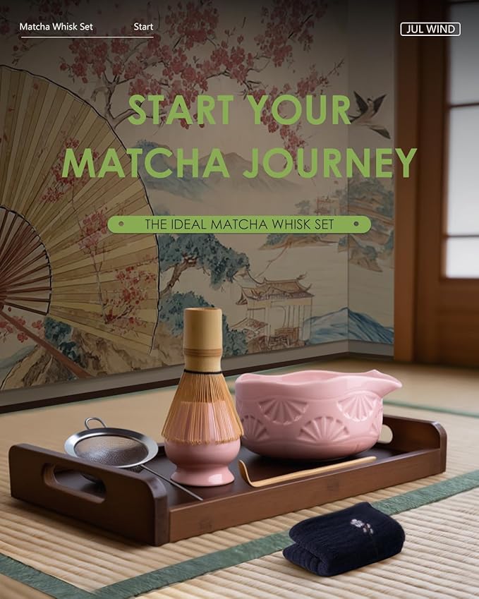 Matcha Whisk Set, Ceramic Matcha Set Includes Matcha Bowl with Spout, Matcha Whisk and Holder, Bamboo Scoop, Sifter and Tea Towel - 6 Pcs Matcha Kit Gift for Matcha Lovers (Pink)