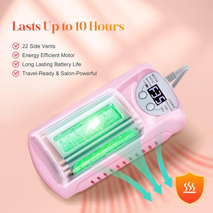 Professional Nail Drill Electric File:COYZU 35000RPM Portable Cordless Nail Drill Machine with Bits, Rechargeable E File for Acrylic & Gel Nails, Manicure & Pedicure Tech Tool for Home Salon, Pink