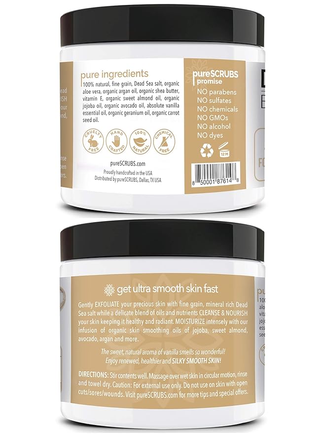 pureSCRUBS Premium Vanilla Body Scrub Set - Large 16oz Dead Sea Salt Body Scrub With Infused Essential Oils & Nutrients, Includes Wooden Spoon, Loofah & Oatmeal Exfoliating Bar Soap