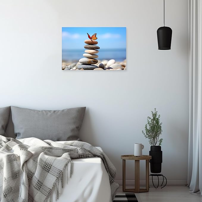 ARTZGX Zen Stone Wall Art Canvas Spa Bathroom Pictures Butterfly Print Meditation Still Life Painting for Yoga Room Decor Frame(Zen - D 12.00" x 18.00")