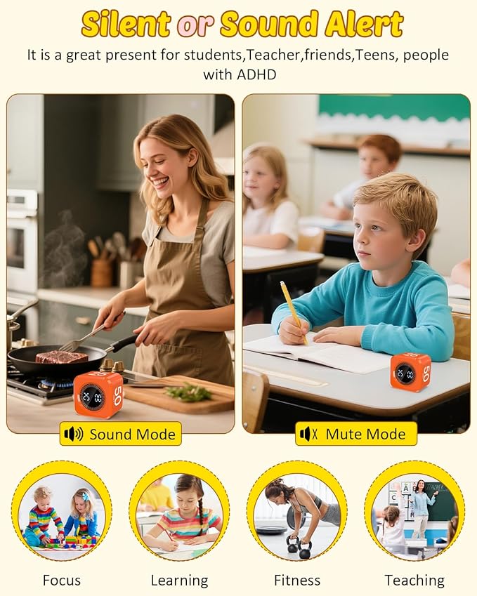 Pomodoro Timer Cube Visual Productivity Flip Timer for Kids Classroom Desk, 5/10/25/50min& Custom Countdown, Silent&Sound Mode Digital Cube for ADHD Study Work School Game Kitchen (Orange)