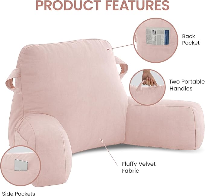 Portable Comfy Reading Pillows for Bed Sitting Up(Pink Oeko-Tex), Velvet Back Pillow with Arms & Pockets for Adults, Support Memory Foam Bed Pillow for Dorm/Reading/Watching/Gaming