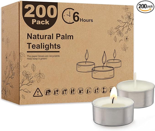 Unscented Palm Tea Lights Candles 200 Pack Bulk, 6 to 7 Hours Long Burning White Tea Lights,Non-Paraffin, Smokeless, Mini Tealight Candles for Wedding, Christmas Lights, Party, Power Outages