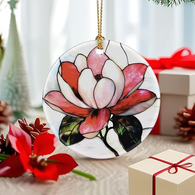Magnolia Flower Ornament – Christmas Decoration & Christmas Ornament; Round Ceramic (Holiday Present, Bauble Present, Gift Idea, and Gift Exchange) | Heirloom Keepsake
