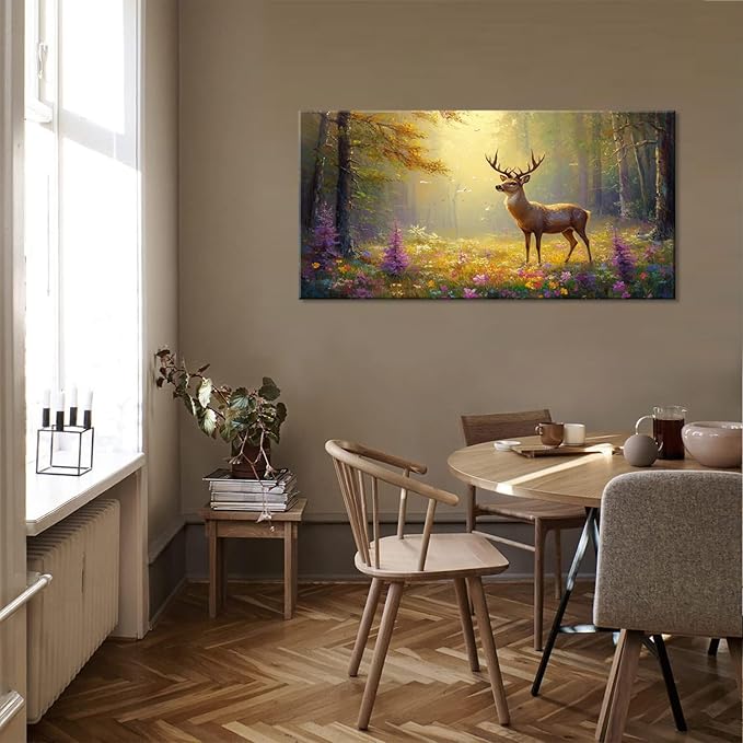 ZESTRILIA Pretty Deer Forest Wall Art for Living Room Office Gold Mustard Yellow Wildlife Wildflower Canvas Painting Prints Spring Wild Life Artwork Girls Bedroom Decor Large (46x23 Inches)