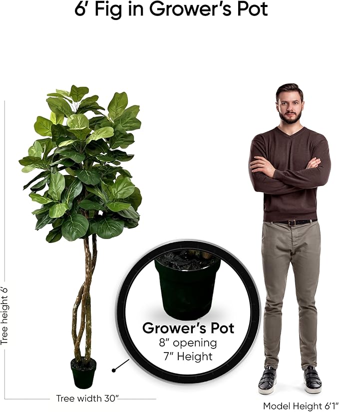 Cypress & Alabaster Handmade 6ft Fiddle Leaf Fig Ficus Lyrata Artificial Tree with Ethically Sourced Real Wood Trunks, Hypoallergenic, 6-Foot, Green