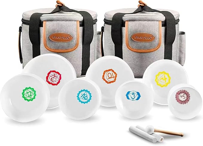 RYAN DVAN 432 hz 7-12 Inch Set of 7 Chakra Symbol Design Frosted Quartz Crystal Singing Bowl Set with Free 2 pcs Carrying Case