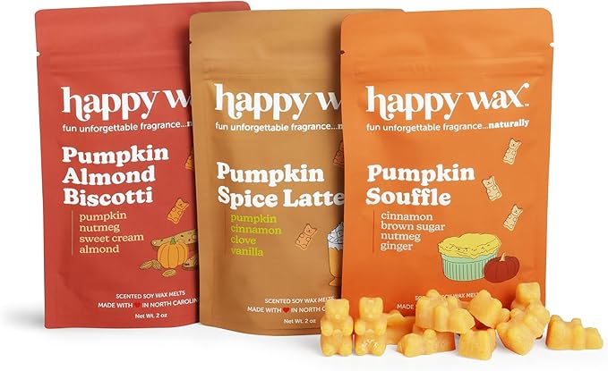 Happy Wax Classic Pumpkin Collection Scented Natural Soy Wax Melts – 6 Total Oz. Collection Includes Pumpkin Spice Latte, Pumpkin Souffle, and Pumpkin Almond Biscotti