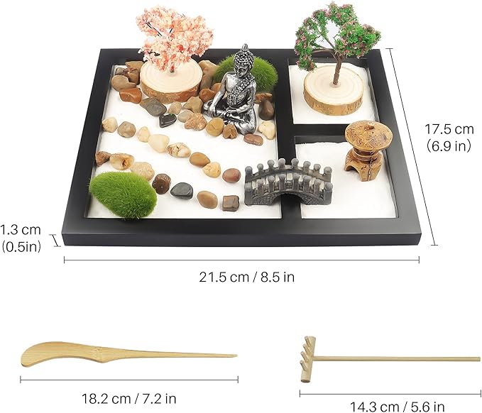 Sakura Budah Desktop Mini Zen Garden - 9" x 7" with White Sand, Artificial Bonsai Tree, Rocks, Rakes & Accessories - Meditation Gift for Office Decor