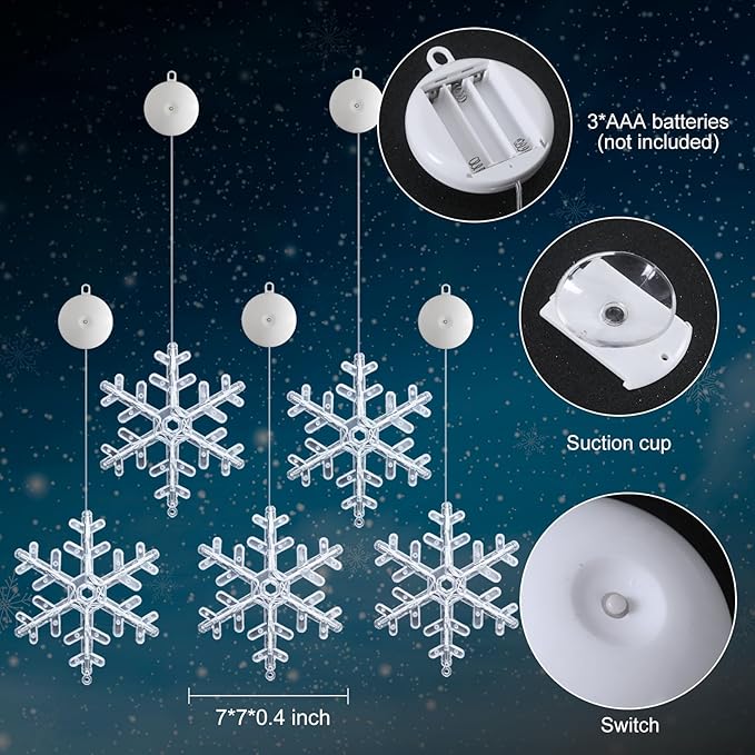 5Pack Christmas Window Lights Decorations with Timer,Battery Powered Christmas Hanging White Lighted Snowflake Shaped LED Sucker for Xmas Tree Fireplace Indoor Decor