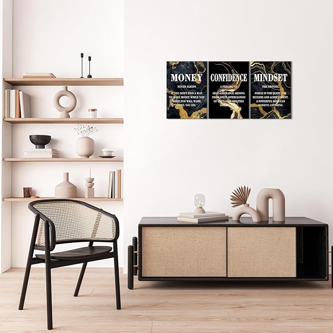 KAWAHONE- Money Never Sleeps, Motivational Canvas Wall Art,Inspirational Poster, Confidence Mindset Wall Decor Framed Inspirational Entrepreneurs Painting Prints Quotes Poster for Office Workplace Ready to Hang