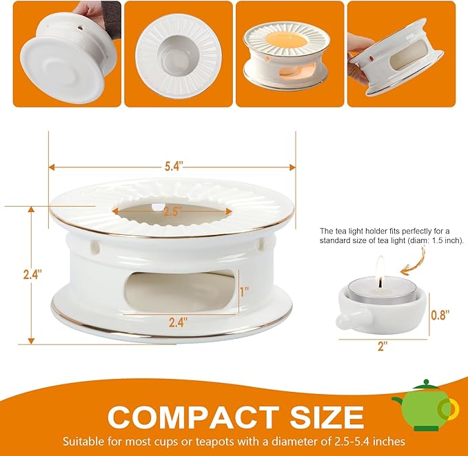 KAYCROWN Teapot Warmer, Ceramic Tea Warmer with Tealight Holder, Teapot Heater for Heating Coffee, Milk, Tea Light Heater, Candle Warmer (White)