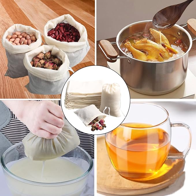 Eketirry Spice Bags, 10pcs Reusable Empty Tea Bags, Muslin Strainer Bags, Soup Bags for Cooking, Natural Cotton Fine Mesh Cheesecloth Bags for Cold Brew Coffee(2 x3" &3 x4")