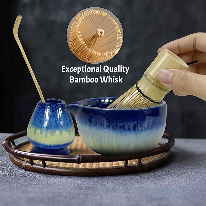 Matcha Whisk Set 6 pc Kit - Traditional Japanese Chasen, Bamboo Whisk Holder, Ceramic Bowl with Spout, Sifter & 2 pc Spoons - matcha kit set, Gift for Matcha Tea Lovers (Gradient Blue)