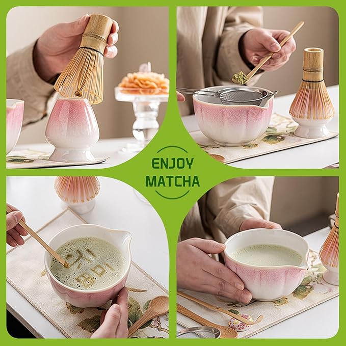 Ceramic Matcha Whisk Set, Complete Matcha Set-8PCS for Ceremonial Grade Matcha, Tea Gifts for Tea Lovers for Christmas, Birthday, Halloween (Cherry Blossom Pink)