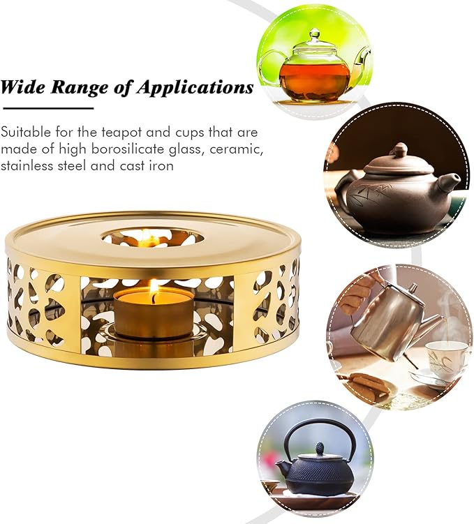 Simtive Teapot Warmer, Brushed Stainless Steel Tea Warmer with Tealight Holder, Gold