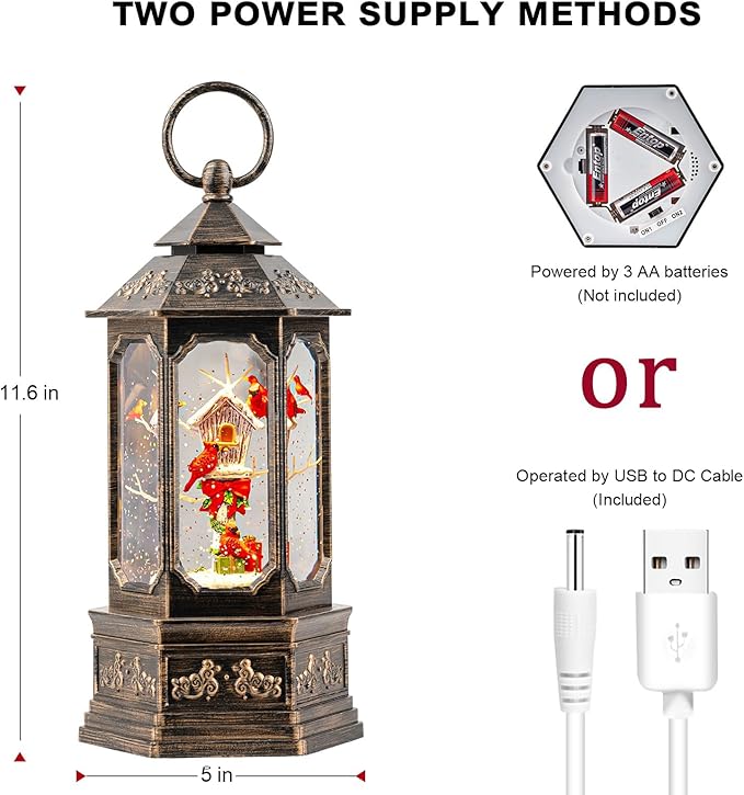 Musical Snow Globe Lantern Lighted Cardinal & Birdhouse Christmas Snow Water Lantern Swirling Glittering Home Decoration and Gift, Battery Operated or USB Powered