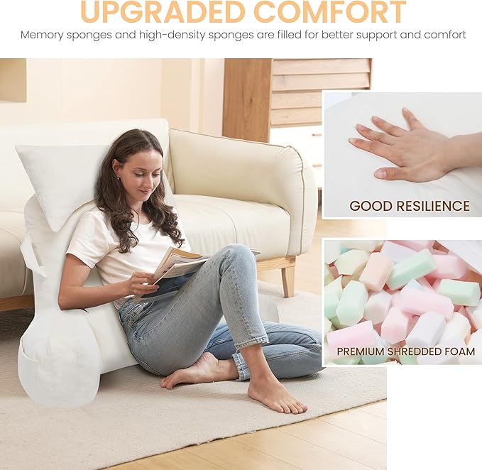 Portable Reading Pillows with Headrest for Bed Sitting Up(Beige Oeko-Tex), Velvet Back Pillow with Arms & Pockets for Adults, Support Memory Foam Bed Pillow for Dorm/Reading/Watching/Gaming