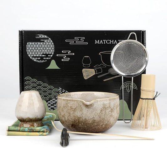 Matcha Whisk Set, 7Pcs Matcha Set Kit include Matcha Bowl, Matcha Whisk and Holder, Bamboo Scoop, Scoop Rest, Sifter and Tea Towel, Matcha Whisk and Bowl Set for Matcha Lovers and Beginers