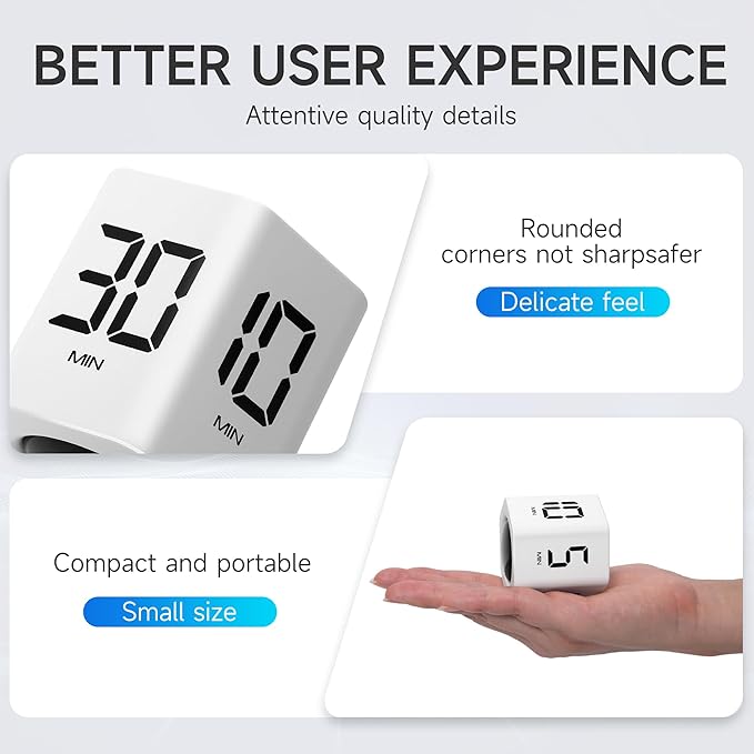 Productivity Timer 1, 5, 10, 30, 60 Minutes Preset, Desk Cube Timer with Gravity Sensor/Mute/Vibration for ADHD, Work, Study, Kitchen, Back to School (1, White)