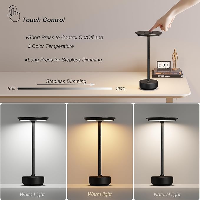 2 Pack Rechargeable Table Lamps Cordless, Portable 5000mAh Outdoor Table Light, 3 Color Stepless Dimming LED Table Lamp with Memory Function, for Home/Dinner/Patio/Restaurant.(Diamond Black)
