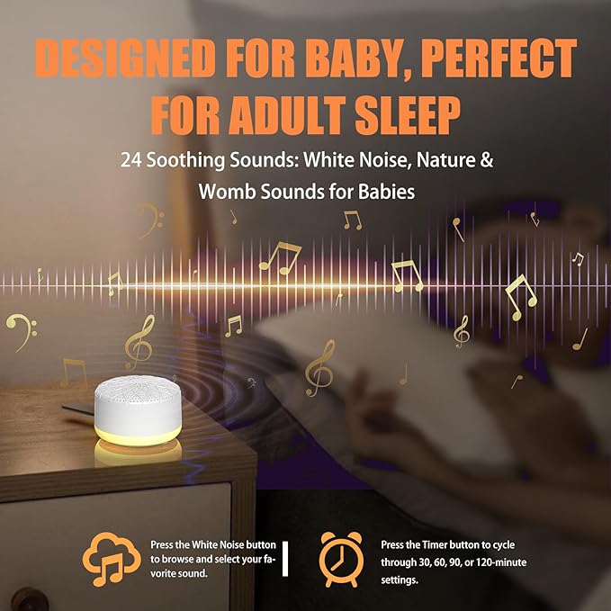 Sound Machine with 24 Relaxing Nature Sounds,Sleep Portable Travel White Noise Machine for Home,Office,Nursery,Timed and Adjustable with Lights Sound Machine