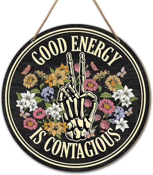 Positive Energy Wall Decor, Skeleton Inspirational Round Wood Hanging Sign Decor, Motivational Positive Energy Decorations for Home Office Spiritual Room, Positive Gifts for Women Men