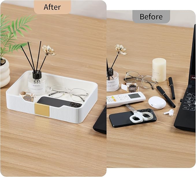 Valet Tray Desktop Storage Organizer, PU Leather Catchall Bedside Vanity Tray with Brass Accents Block Nightstand Organizer for Keys Watch Wallet Phone, Decorative Nightstand Storage (White)