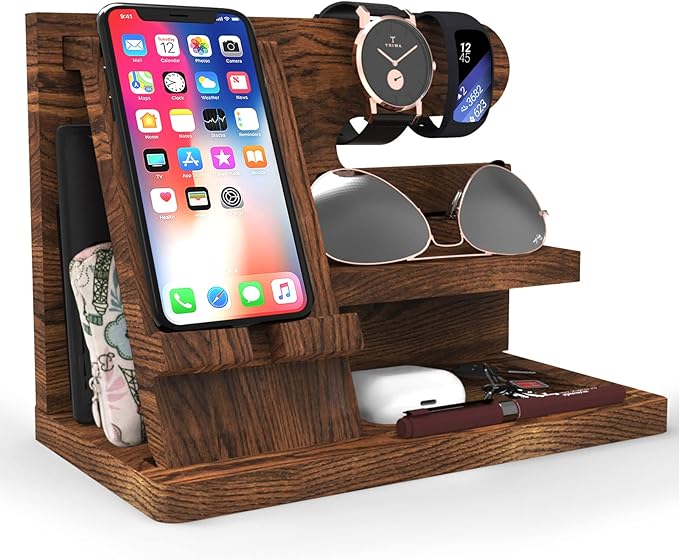 Birthday Gifts for Men Wooden Phone Docking Station Organizer Dad Birthday Nightstand Organizer Desk Wood Gifts Valentines Day Gifts