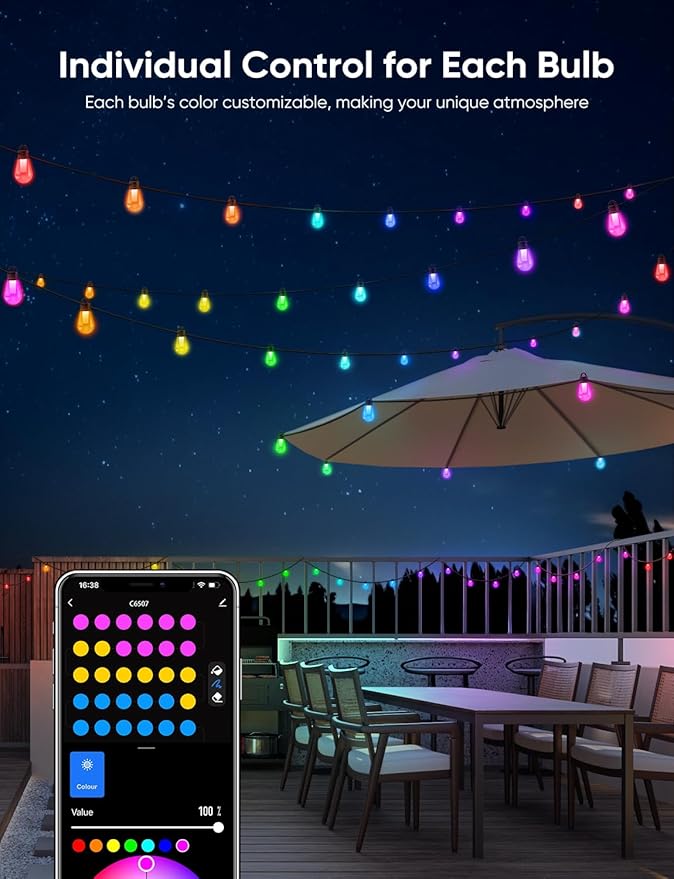 APPECK Smart Outdoor String Lights, 150ft Smart RGBW Outdoor Patio Lights with 45 LED Bulbs, Extendable, 111 Scene Modes, IP65 Waterproof Lighting for Outside, Halloween Decor, Compatible with Alexa