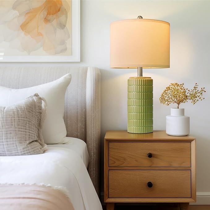 PoKat 23" Green Ceramic Table Lamps Set of 2, Farmhouse Table Lamps for Living Room, Modern Lamps for Bedroom Night Stands, Traditional Nightstand Desk Lamps, Medium