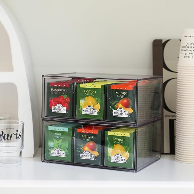 2 Large Acrylic Tea Bag Organizer, 9 Grids Tea Organizers and Storage with Acrylic Drawers Stackable, Teabag Holder Organizer for Counter Countertop Kitchen Cabinet