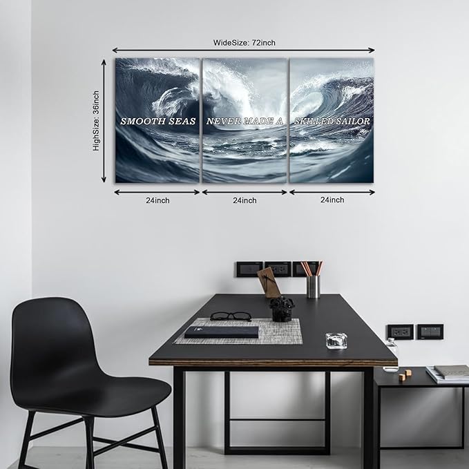 KAWAHONE Inspirational Canvas Wall Art -Smooth Seas Never Made a Skilled Sailor- Motivational Posters Entrepreneur Quote Picture for Living Room Bedroom, Office, Home