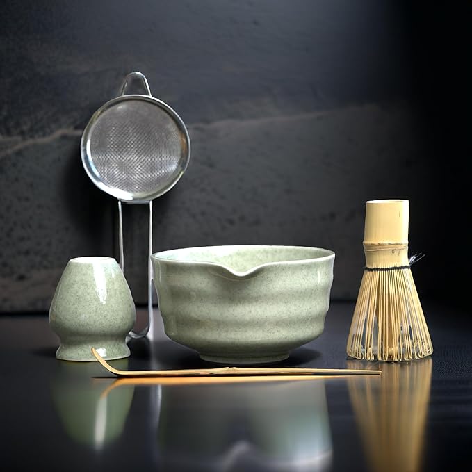 Matcha Whisk Set, Matcha Set, Handcrafted Bamboo Chasen & Ceramic Bowl Matcha Kit, 5 Pcs Matcha Set Whisk and Bowl with Stainless Steel Sifter, Tea Ceremony, Jade