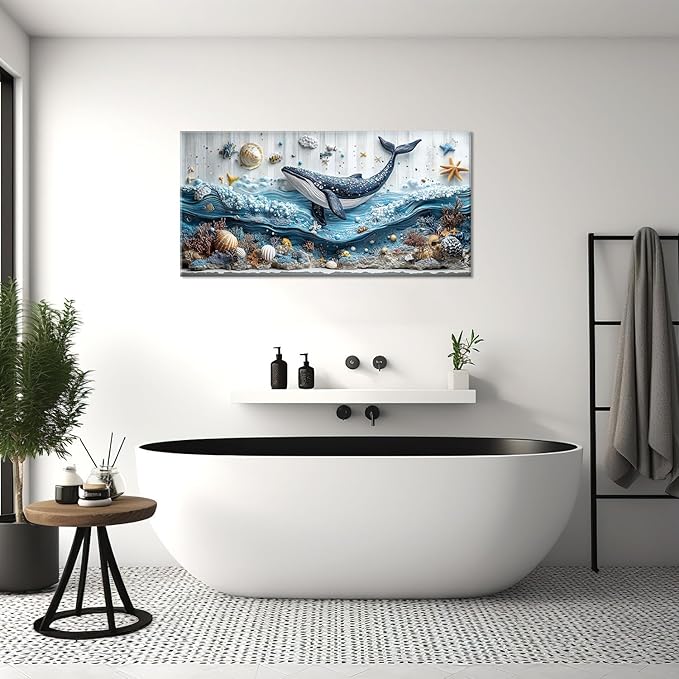 ZESTRILIA Ocean Whale Wall Art for Kids Room Navy Blue Marine Organism Underwater World under the Sea Canvas Painting Prints Artwork Family Living Bedroom Decor (40x20 Inches)