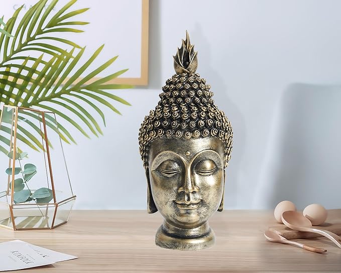 Buddha Head Statue Zen Meditation Decoration, 11 inch Resin Antique Golden Buddha Head Statue for Buddhist Spiritual Altar Decoration Buddhism Gifts