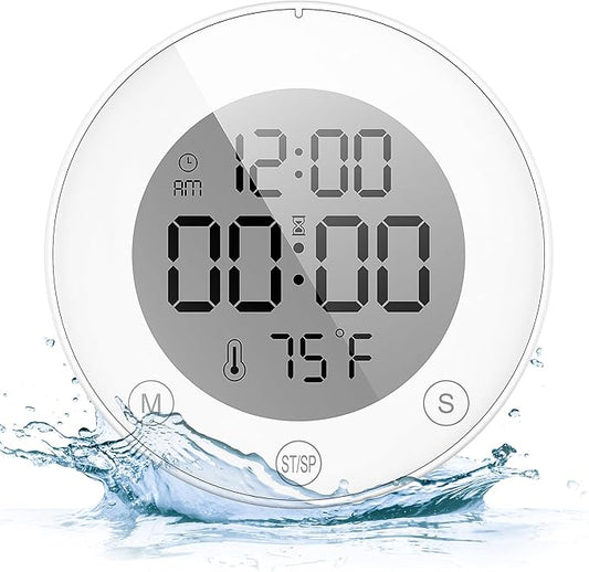 KADAMS Shower Clock Waterproof Bathroom Timer – Digital Wall Clock with Countup & Countdown, Magnetic Kitchen Clock with Temperature, Suction Cup for Kids Shower Spa Sauna Cook Bath, White