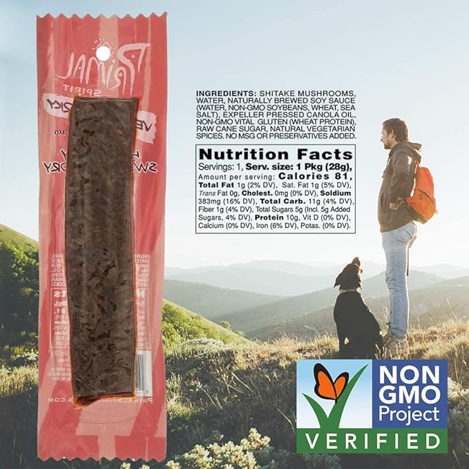 Primal Spirit Vegan Jerky “SHIITAKE MUSHROOM” – “Classic Flavor” – Hot & Spicy-Sweet & Savory, 10 g. Plant Based Protein, Certified Non-GMO, No Preservatives, Sports Friendly Packaging (24 Pack, 1 oz)