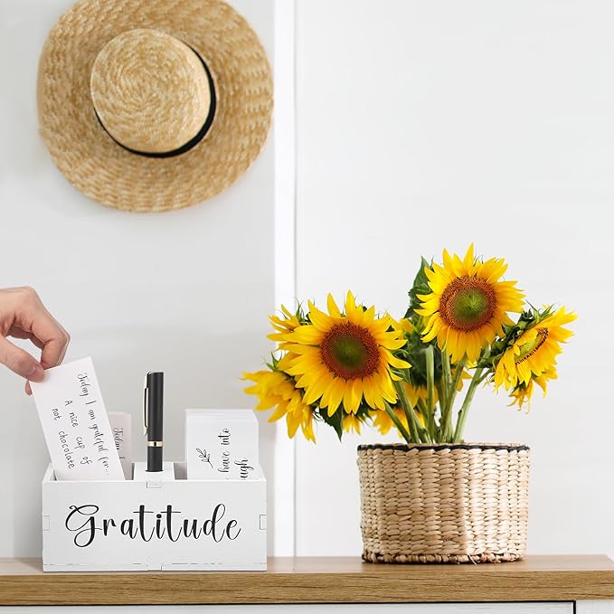 Clabby Gratitude Jar Thanksgiving Gifts Include 200 Cards 1 Pen 1 Blessing Jar Wood Box Practice Thankful Appreciation Gratitude Note Cards Kit for Families Friends Employee Coworkers(White)