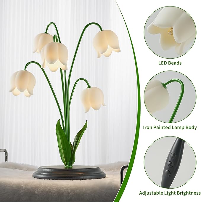 Lily of The Valley Table Lamp with Remote - 17.7 H x 13 W x 13 D, 5 Blossom Dimmable Night Light, Wood Base & Gift Box, Elegant Bedroom Decor for Women/Mom