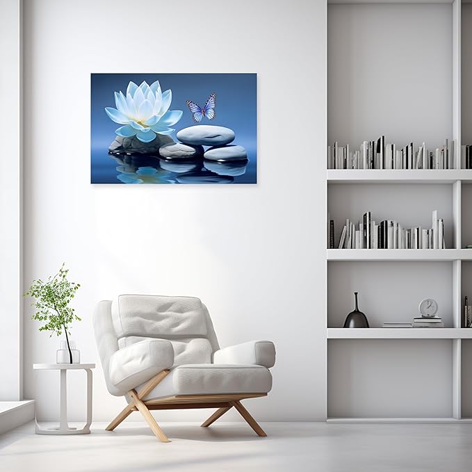 ARTZGX Blue Zen Wall Art Lotus Flower Canvas Spa Stone Pictures for Bathroom Wall Decor Meditation Butterfly Painting Frame(Zen - A 20.00" x 30.00")