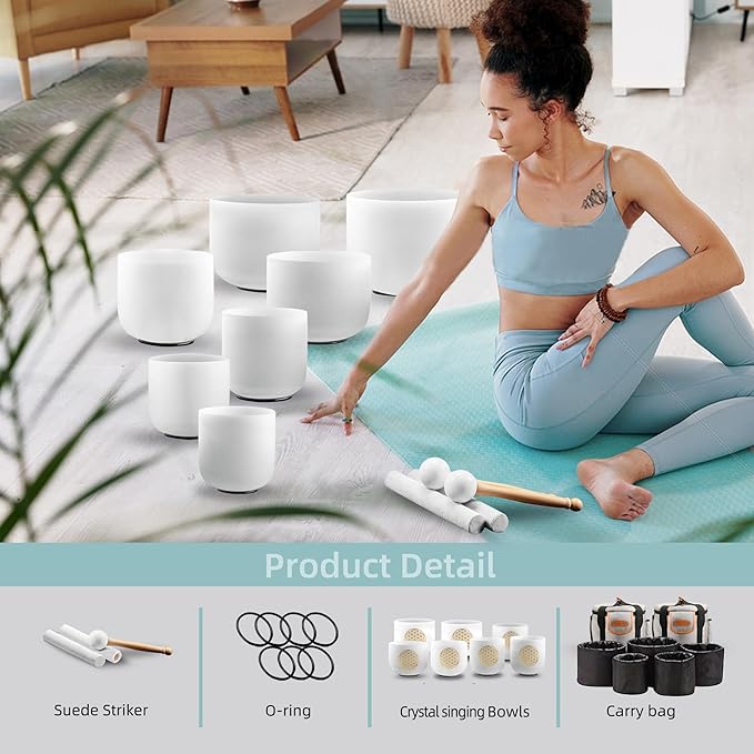Ryan Dvan 432Hz 7-12 Inch 7 Chakra Crystal Singing Bowl Set Frosted Quartz Crystal Sound Therapy Kit with Suede Mallets 2 Travel Cases O-Ring Tool for Yoga Meditation Energy Balancing Reiki Healing