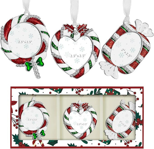 2024 Christmas Tree Ornaments 3 Piece Picture Frame Hanging Ornament Decorative Holiday Keepsake Gift Pendant with 2.5” Photo Insert for Picture of Pets,Family (Lollipop, Heart, Candy)