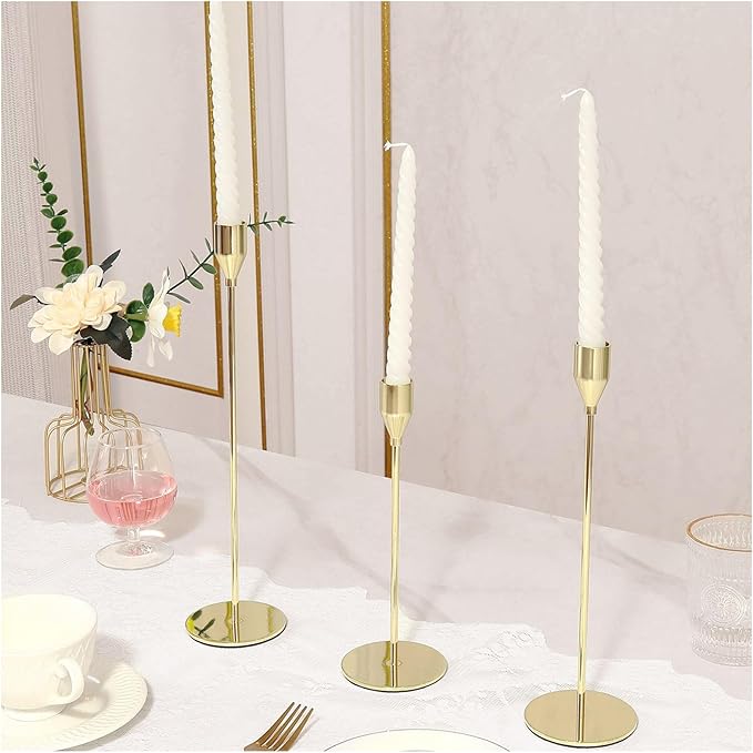 3Pcs Lemon Gold Candlestick Holders Set Fit 3/4" Tall Taper Candle Home Decorative Table Centerpieces for Family Dinning, Party Decoration