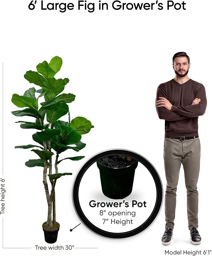 Cypress & Alabaster Handmade 6ft Oversized Fiddle Leaf Fig Ficus Lyrata Artificial Tree with Ethically Sourced Real Wood Trunks, Hypoallergenic, 6-Foot, Green