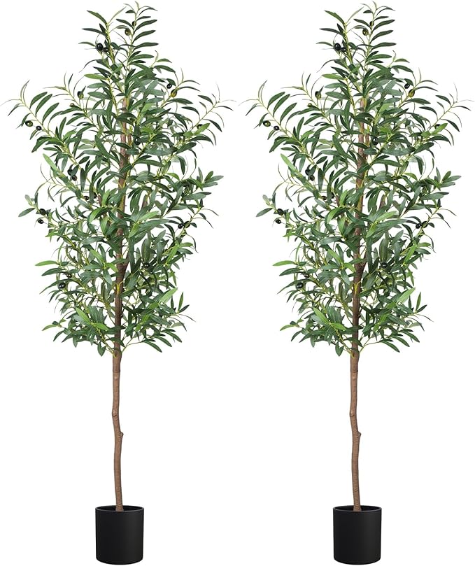 Fake Olive Tree, 5FT 2Pack Tall Plants Olive Trees 60in Silk Plant with Trunk and Realistic 536 Leaves and 20 Fruits for Modern Office Home Decor Indoor