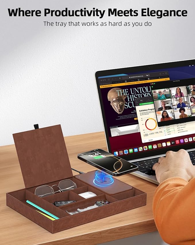 Valet Tray with Wireless Charger, Nightstand Organizer, Leather Desk Drawer Organizer Tray with 7 Compartments for Jewelries, Watch, Key, Wallet, Phone, Brown
