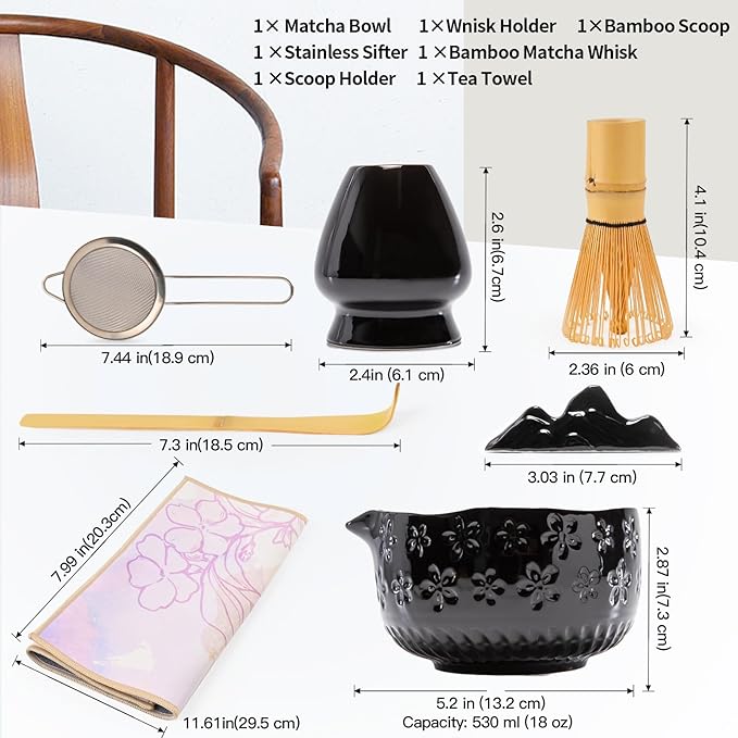 APLSTOW Matcha Whisk Set - Traditional Japanese Handmade Bamboo Matcha Whisk and Holder, Matcha Bowl,Bamboo Scoop, Scoop Rest, Sifter and Tea Towel (Black)